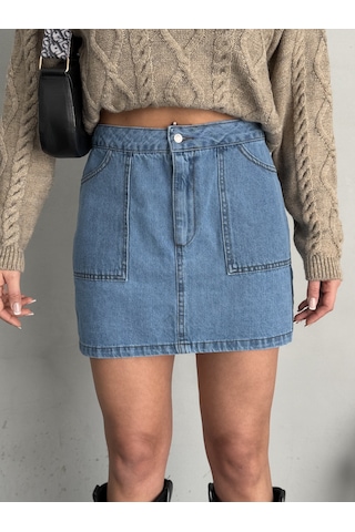 Kadın Mavi Denim Mini Etek Mavi