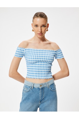 Koton Omzu Açık Tişört Gipeli Kısa Kollu Slim Fit Mavi Ekose 4sak50689ek Mavi