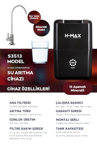 8 Litre 15 Aşama Mineralli 75 Gpd Su Arıtma Cihazı Hmaxs3513