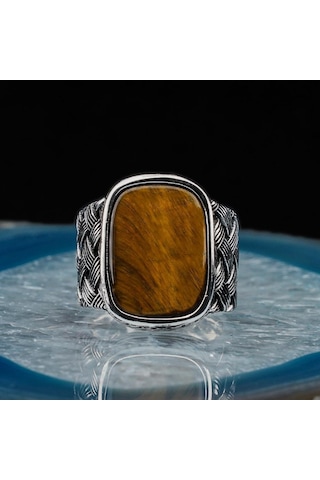 925 Ayar Gümüş Dikdörtgen Kaplan Gözlü Taşlı Örgü Desenli Erkek Yüzük Gümüş
