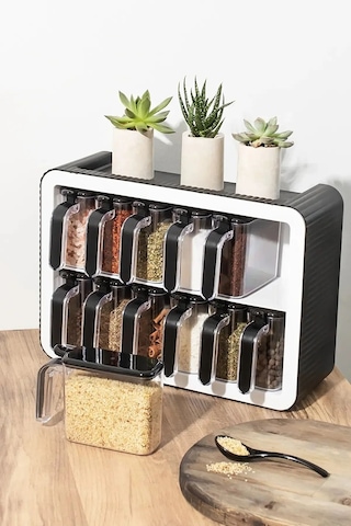 12 Li Standlı Kaşıklı Ve Kapaklı Baharatlık 12 Li Siyah