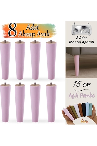 8 Adet Ahşap Ayak 15 Cm Açık Pembe M8 Civatalı Bağlantı Aparatlı Dolap Mobilya Koltuk Kanepe Destek Ayağı Ayakları Pembe