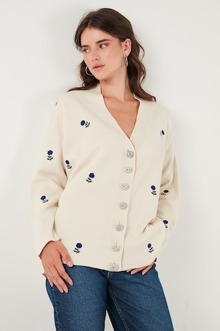 Lela Oversize Fit Desenli V Yaka Triko Bayan Hırka 4616193 Krem-Saks