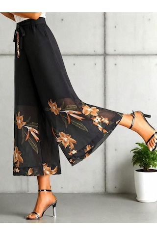 Efnaz Style Kadın Yüksel Bel Belinde Kuşak Detaylı Çiçek Baskılı Astarlı Şifon Pantolon Bej