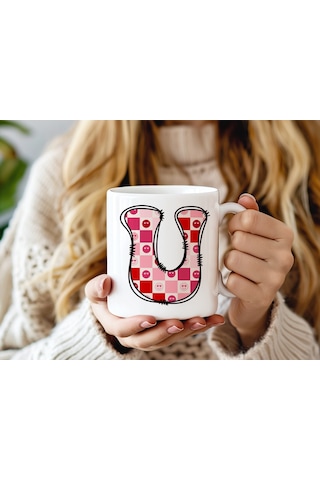 U Harfi Pembe Kareli Kalpli Göz Emojili Kupa Bardak Eğlenceli Kareli Tasarım Kahve Çay Kupası 07 Beyaz
