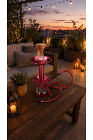 Nargile Takımı 45 Cm Kırmızı Metal Gövde Plastik Hazneli Modern Nargile