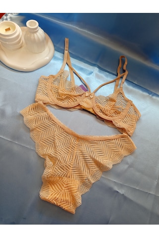 Csaymoda Dantelli Taşlı Brode Sütyen Takımı Somor Ten