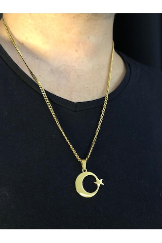 Vog 2 Cm Ay Yıldız Türk Bayrağı Sevgiliye Eşe Babaya Arkadaşa Hediye Sarı Çelik Kolye Sarı