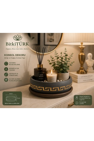 Dekoratif Desenli Beton Bonsai Saksısı Ve Altlık Seti 18 Cm Sukulent Ve İç Mekân Bitkileri İçin El Yapımı Saksı -