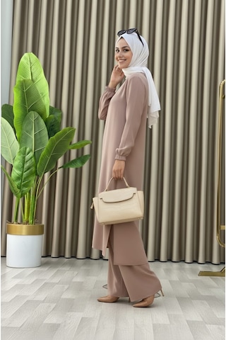Tesettür İkili Takım Uzun Tunik Bol Paça Pantolon 4006-bej Bej