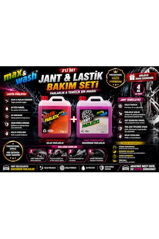 Max&wash 2'li Jant & Lastik Bakım Seti 4+4 Kg Jant Temizleyici + Lastik Parlatıcı Profesyonel Oto Kuaför Bakım Seti