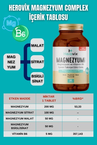 Herovix Magnezyum 200 Mg 3x Complex 60 Tablet