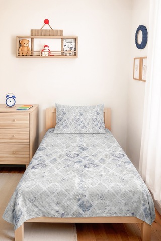 Mavi Geometrik Genç Odası Tek Kişilik Pike Takımı - Gri İskandinav 160x220 Cm Kapitone Yatak Örtüsü Masalsı Seramik Geçişi