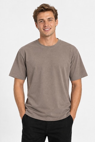 Vasto Moda Erkek Oversize Kalın Dokulu %100 Organik Pamuk Bisiklet Ribana Yakalı Kahverengi T-shirt