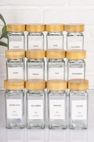 Bambu Kapaklı 12 Adet Cam Baharatlık Seti 120 Ml Kahverengi