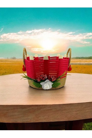 Komodin Üstü Düzenleyici Hasır Sepet Takı Organizer Makyaj Kutusu Banyo Sepeti Kırmızı