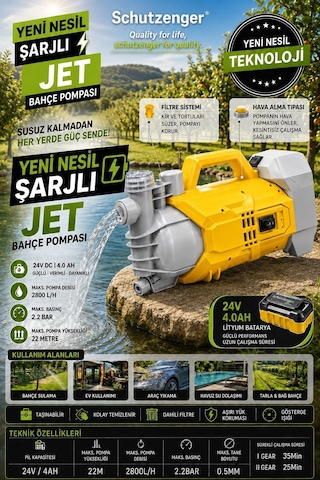 Şarjlı Su Motoru 4.0 Ah 22 Mt Dikey Su Atar Elektrik Olmayan Yerler İçin Sarı Jet Pompa 220 Mt Yatar Atar