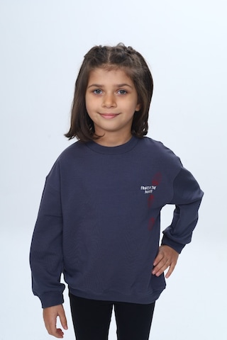 Kız Çocuk Relax Fit Bisiklet Yaka Düşük Omuz Baskılı Sweatshirt Füme Melanj