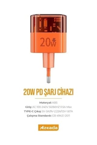 Azeada Lınsu 20w Type-c Hızlı Şarj Adaptörü Turuncu Pd-a31 20w Tek Giriş, Şarj Başlık