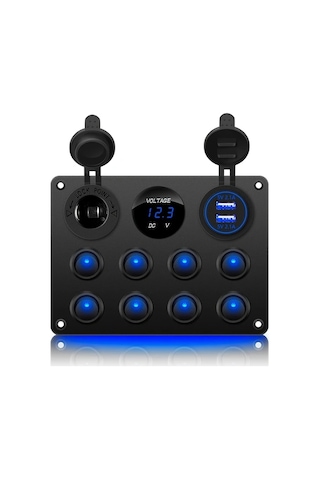 Xuweiwei Mavi 12v Cift Usb Sarjli Dijital Voltmetreli Seri Sigortali 8 Pozisyonlu Doner Anahtar Paneli Araba Karavan Tekne