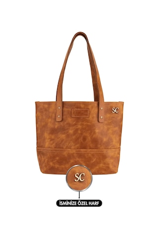 Twingold İsme Özel Tote Bag El Omuz Çantası - %100 Rainbow Deri - Ac03003 - Camel Camel