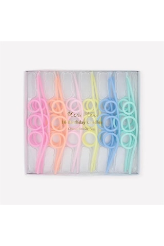 Meri Meri - Pastel Loopy Candles - Pastel Renk Kıvrımlı Mumlar - 16 Adet Çok Renkli