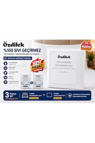 Özdilek %100 Sıvı Geçirmez Yatak Alezi 100x200 Cm + 2 Adet Yastık Koruyucu 50x70 Cm Hediye Pamuklu Kapitone Alez Seti Su Geçirmez Yatak Koruyucu Beyaz