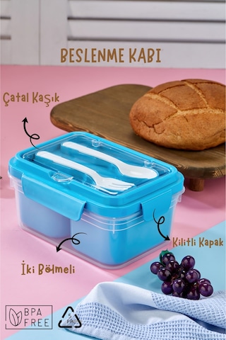 İki Hazneli Çatal-kaşık Bölmeli Kilitli Kapak Beslenme Kabı Ve Yemek Saklama Kutusu - Mavi MAvi