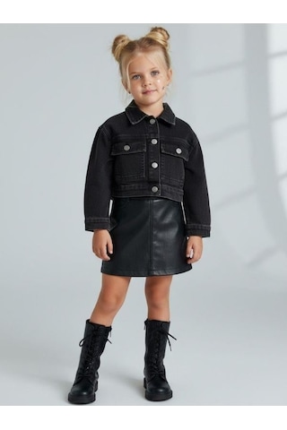 Zekids Kız Çocuk Cepli Crop Kot Ceket-16683 Siyah