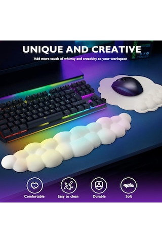 Beyaz Bulut Bilek Destekli Oyun Klavyesi Ve Mouse Pad'i, Şık Hafızalı Köpük Mouse Pad Bilek Desteğiyle Bileğinize Ve Elinize Ekstra Konfor Sağlar