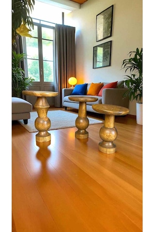 Simillo 3 Lü Masif Ahşap Mantar Sehpa Seti Koyu Ceviz Renkli Doğal Zigon Yan Sehpalar - Mushroom Side Table Koyu Ceviz