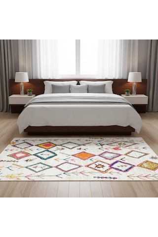 Krem Çok Renkli Boho Motifli Dijital Baskılı Halı Kaymaz Tabanlı, Geometrik Modern Desenli Salon
