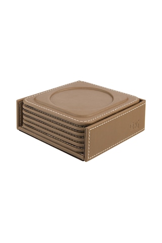 Bardak Altlığı,6 Lı Set,masaüstü Yuvarlak Cup Coaster,vegan Suni Deri,11x11 Cm.,vizon Vizon