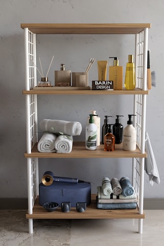 4 Katlı Çevir Kur Beyaz Metal Telli Banyo Rafı Çok Amaçlı Düzenleyici, Organizer Stand Banyo Dolabı Atlantik Çam