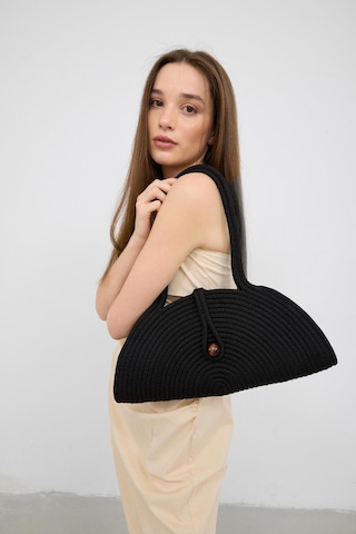 Shule Bags Paper Düğmeli Handmade Hasır Omuz Çantası Siyah Siyah