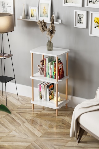3 Raflı Ahşap Kitaplık Raf Ahşap Gazetelik Ayakkabılık -beyaz
