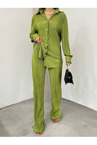 Bayrama Özel Kadın Düşük Omuz Salaş Gömlek Ve Yırtmaç Detay İspanyol Paça Pantolon Yeşil
