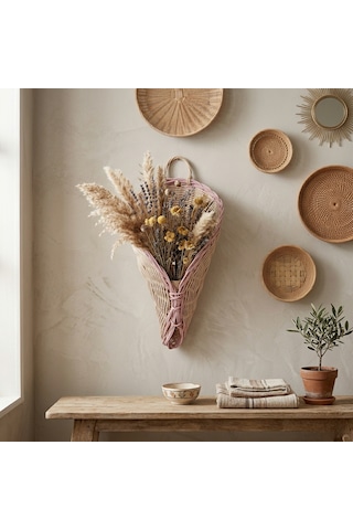 Handanrattan Pembe Kenarlı Külah Rattan Çiçek Buketi Sepeti 42x24x15 Cm Buket