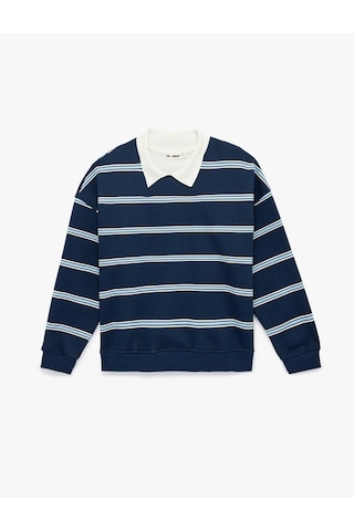 Koton Polo Yaka Uzun Kollu Çizgili Oversize Sweatshirt Lacivert Çizgili 6wal10665ık Lacivert