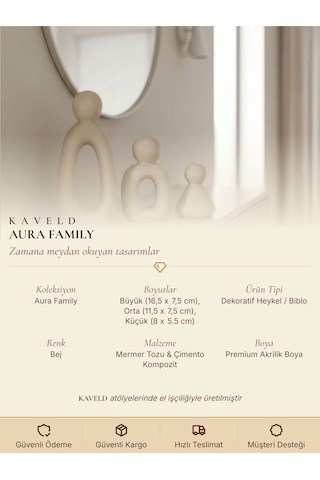 Kaveld Aura Family Minimalist Dekoratif Heykel 3'lü Set El Yapımı Modern Biblo Mermer Tozu & Çimento Kompozit Premium Salon Ve Ofis Dekoru Bej
