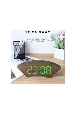 Dekoratif Masaüstü Dijital Saat Kavisli Sıcaklık Tarih Ölçen Şık Usb Aynalı Led Işıklı Alarmlı Saat Siyah