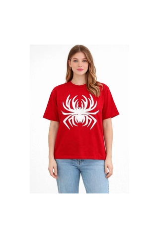 Freedom Store Kadın Örümcek Baskılı Tişört Kısa Kollu Bisiklet Yaka T-shirt - Kırmızı