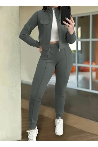 S-pazarım Kadın Uzun Kollu Önden Fermuarlı Kısa Modal Ceket Ve Pantolon Ikili Takım Yeşil