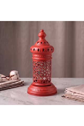 Beyaz Geometrik Metal Fener Selçuklu Yıldızı Çay Feneği Tutucu Minimalist Fas Mum Dekorasyonu Kırmızı