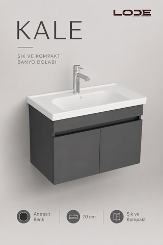 Lode Bath Kale Antrasit Demonte Lavabolu Alt Banyo Dolabı, Seramik Lavabo Dahil 80 Cm