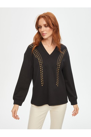 Önü Trok Taşlı V Yaka Sweatshirt 69509 U6950910 Siyah