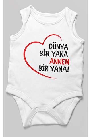Morivokids Dünya Bir Yana Annem Bir Yana Sıfır Kollu Bebek Zıbını %100 Pamuk Beyaz