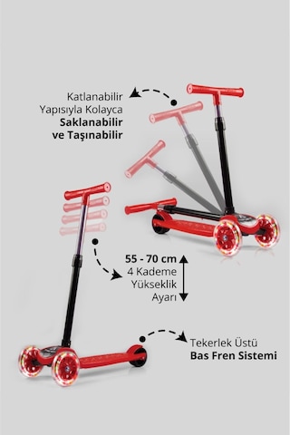 T212-K Katlanabilir Led Işıklı Scooter / 4 Kademe Ayarlanabilir Yükseklik Ayarı (55-70cm)/ Arka Fren