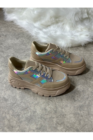 Günlük Kadın Sneaker Kalın Yüksek Taban Bağcıklı Rahat Tiger Şeritli Spor Ayakkabı 032 14- Nut Rugan Holo