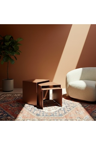 Modern Metal Zigon Sehpa Seti Minimal Tasarım İç İçe Geçen Yan Sehpa 3 Lü Set Turuncu